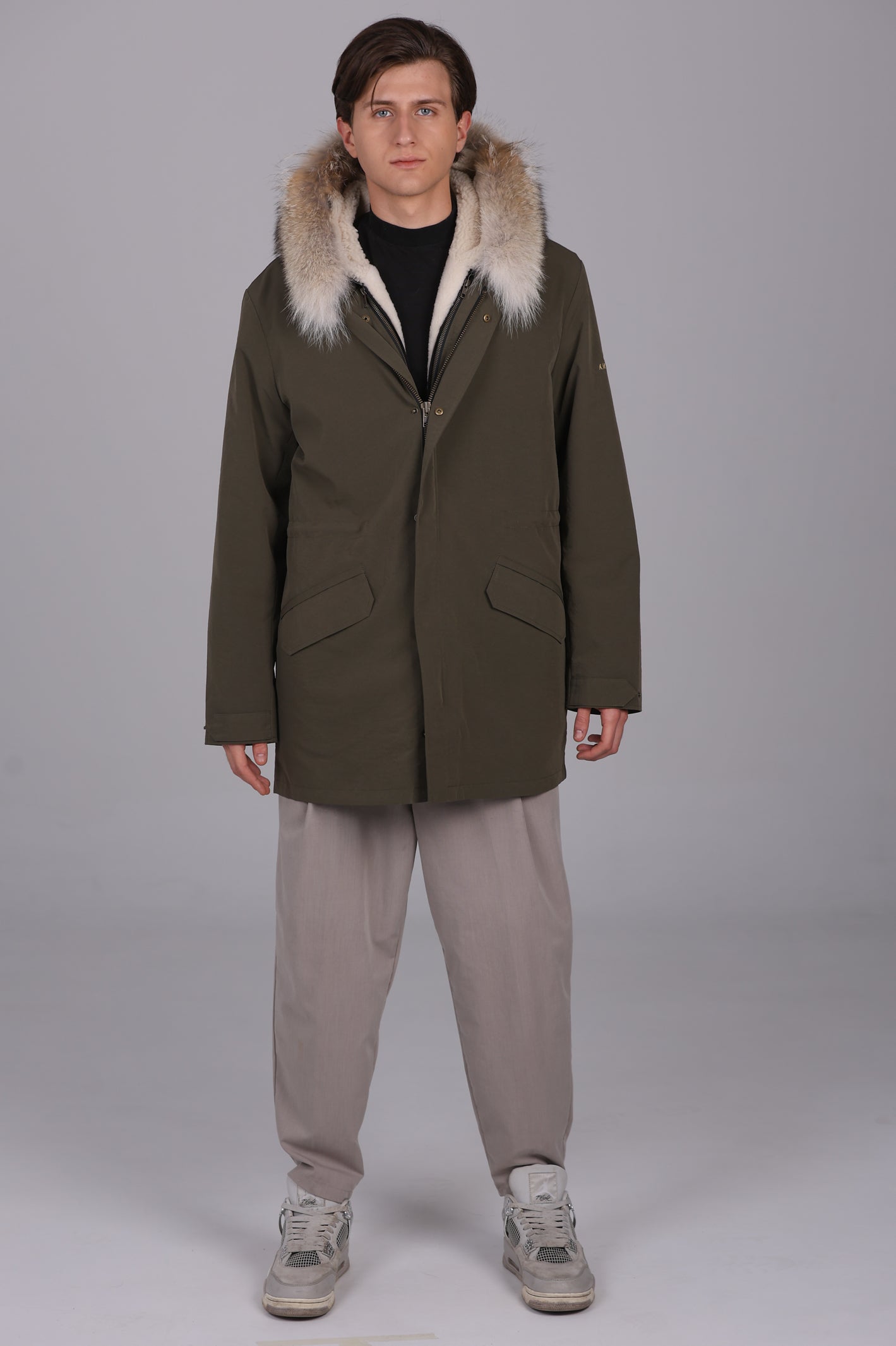 Parka  long in misto cotone impermeabile Coyote e shearling