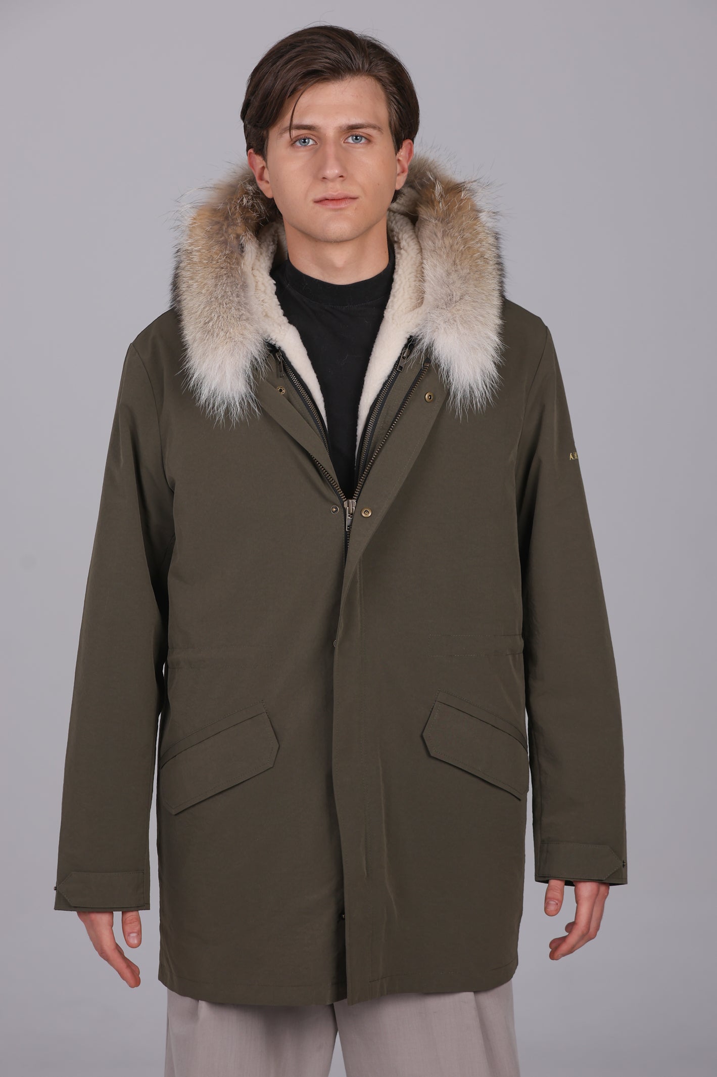 Parka  long in misto cotone impermeabile Coyote e shearling