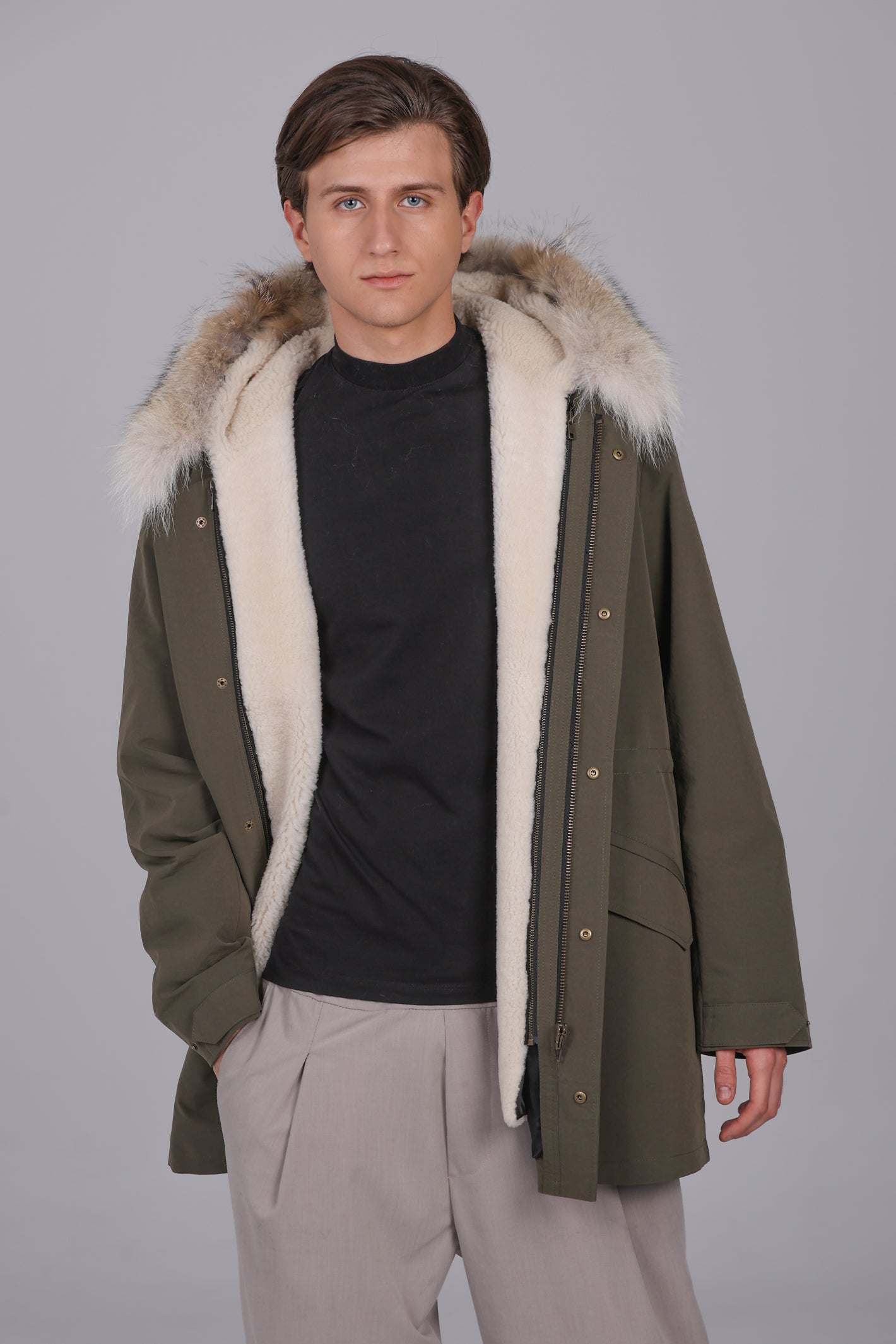 Parka  long in misto cotone impermeabile Coyote e shearling