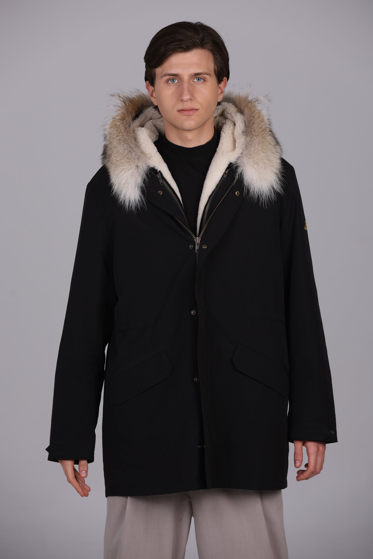 Parka  long in misto cotone impermeabile Coyote e shearling