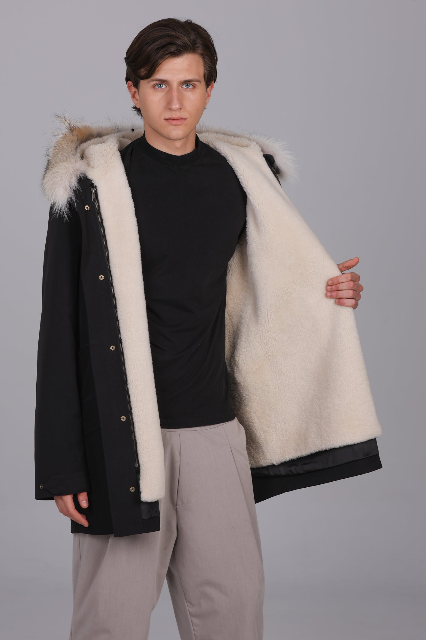 Parka  long in misto cotone impermeabile Coyote e shearling