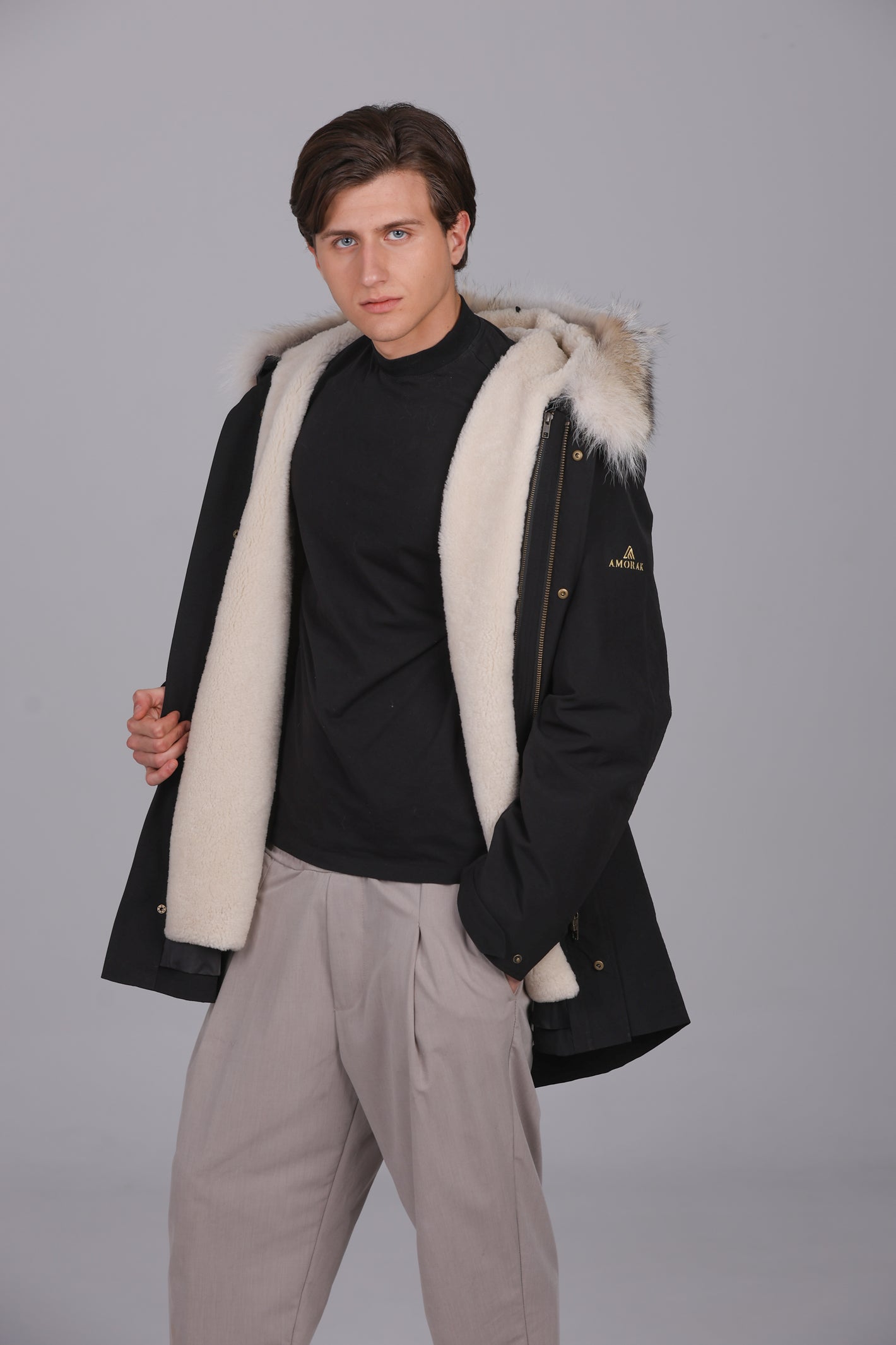 Parka  long in misto cotone impermeabile Coyote e shearling